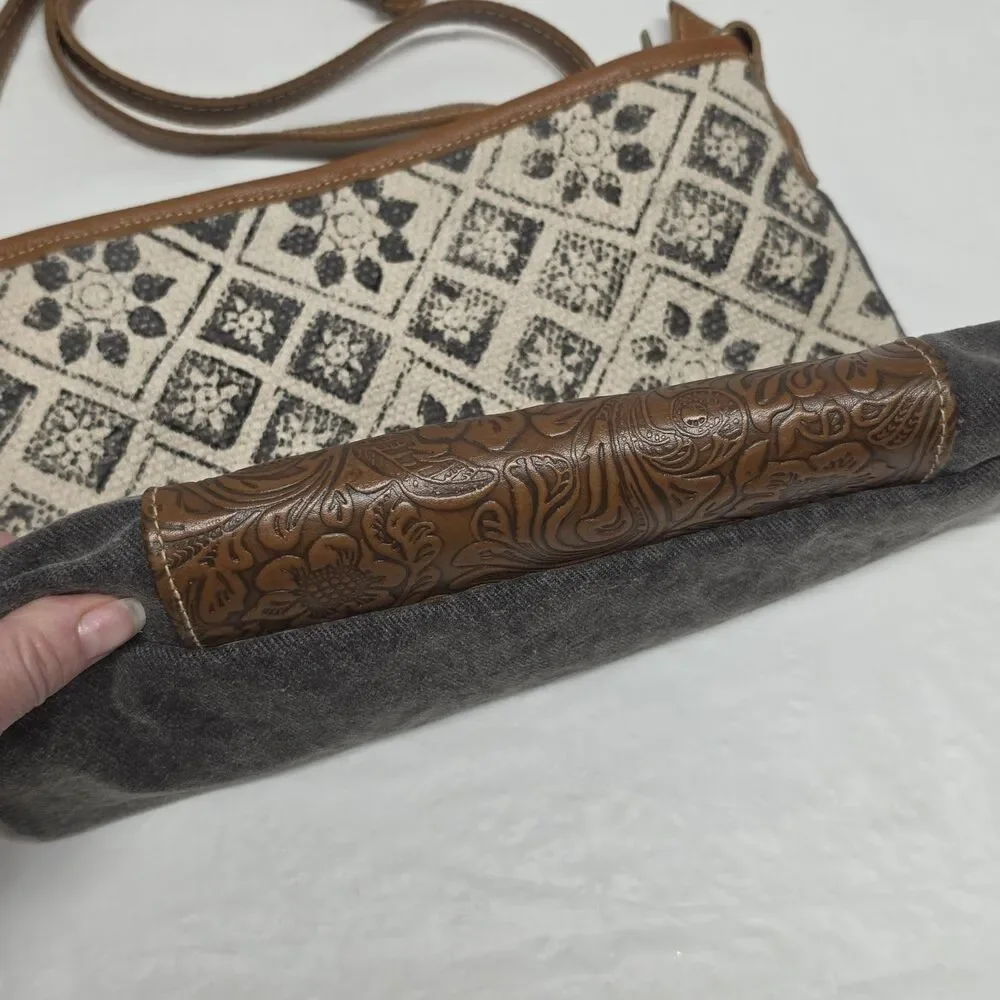 MYRA Bag Tapestry Cotton Calf Hair Tooled Leather Distressed Crossbody Western